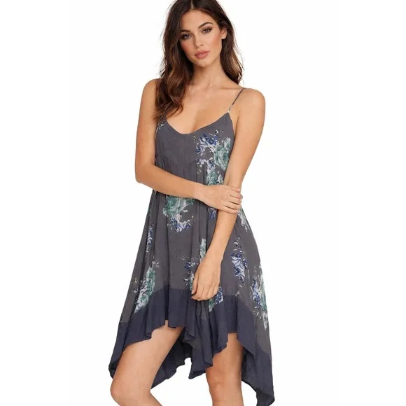 Free People Grey Floral Handkerchief Hem Slip Dress Womens Medium Boho Summer - Picture 1 of 9